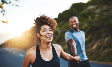 couple smiling on walk