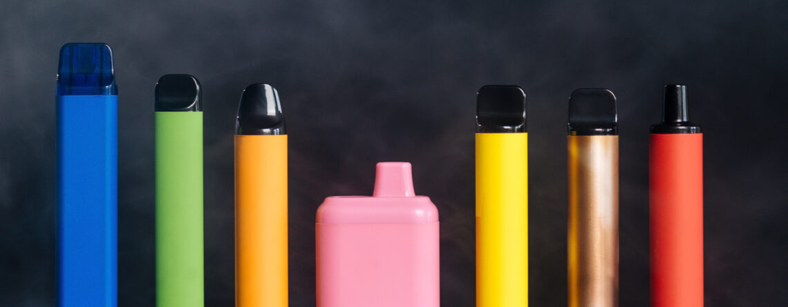 A set of colorful disposable electronic vaping pens