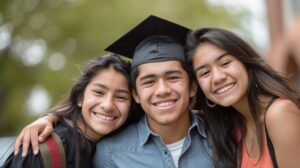 Brother smiling wearing graduation cap with two younger siblings, one on each side of him