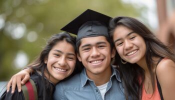 Brother smiling wearing graduation cap with two younger siblings, one on each side of him